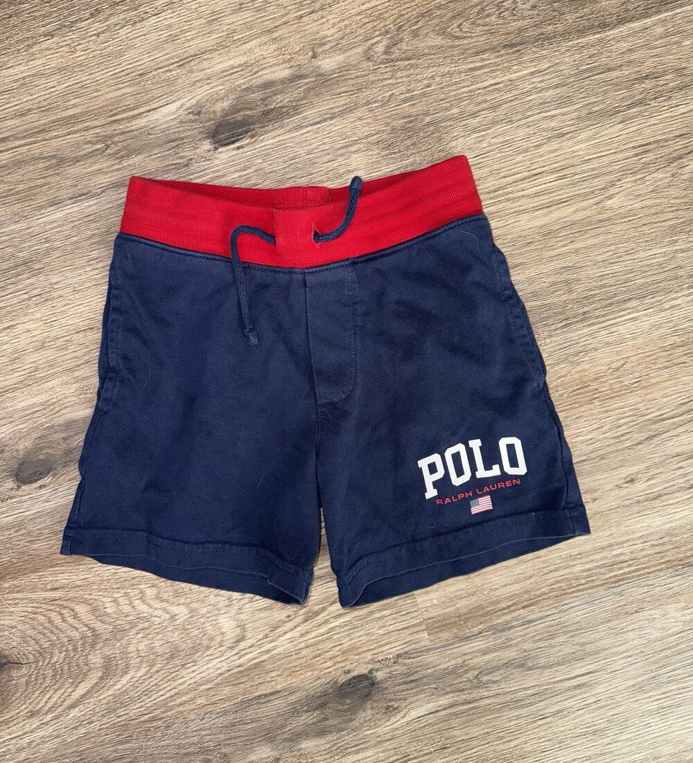 Polo Ralph Lauren Boys Shorts 4 Navy Blue Red Waistband USA Flag Logo READ